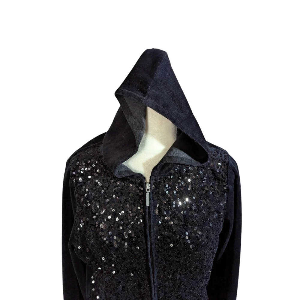 Y2K Onque Casuals Black Velour Zip Up Hooded Jacket Sparkles Sequins Front Sz L